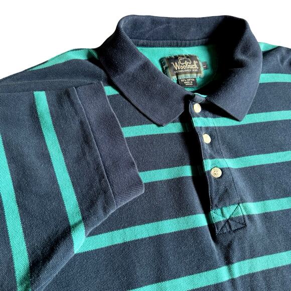 Vintage 90s Woolrich Navy & Blue Striped Polo Shirt Men's XL – 100% Cotton - Picture 1 of 6